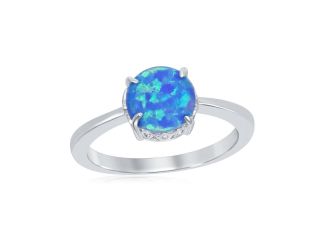 Sterling Silver Four-Prong Round Blue Inlay Opal Ring.  Size 8