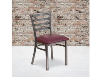 Clear Coated Ladder Back Metal Restaurant Chair - Burgundy Vinyl Seat