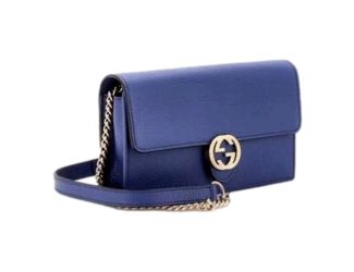 Gucci Blue Marmont GG Womens Leather Wallet on Chain Crossbody Bag