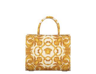 Large Jacquard Canvas Tote Bag with Leather Trim