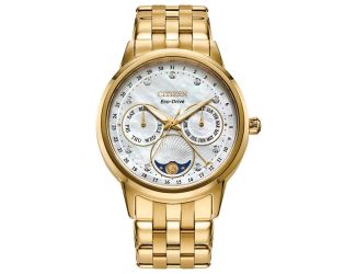 Ladies' Eco-Drive Calendrier Gold-Tone Stainless Steel Bracelet Watch White dial