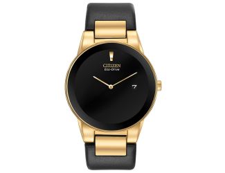 Men's Eco-Drive Watch, Gold-Tone with Black Leather Strap