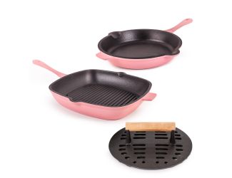 Neo 3pc Cast Iron Set: 10" Fry Pan, Grill Pan and Slotted Steak Press. Pink