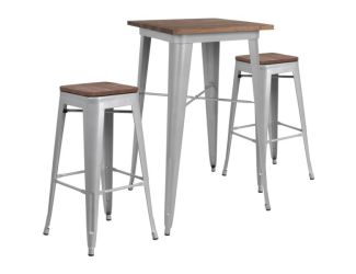 23.5" Square Silver Metal Bar Table Set with Wood Top and 2 Backless Stools