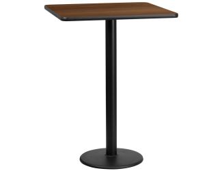 30" Square Walnut Laminate Table Top with 18" Round Bar Height Table Base