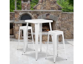 23.75" Square White Metal Bar Table Set with 2 Square Seat Backless Stools