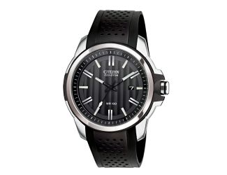 Men's Eco-Drive Watch, Stainless Steel Case with Black Pierced Polyurethane Strap