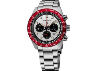 Seiko Prospex Speedtimer SS Solar Chronograph White Dial, Red Bezel, SS bracelet
