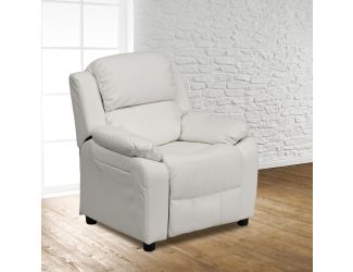 Deluxe Padded Contemporary White Vinyl Kids Recliner with Storage Arms