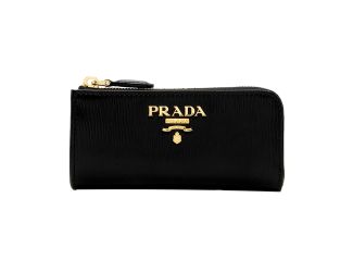 Prada Vitello Move Key Case Holder Wallet Zip Pouch Black Calf Leather