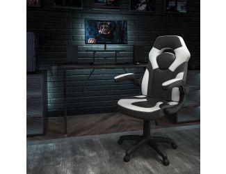 Black/White Gaming Desk Set with Cup Holder, Headphone Hook, and Monitor Stand