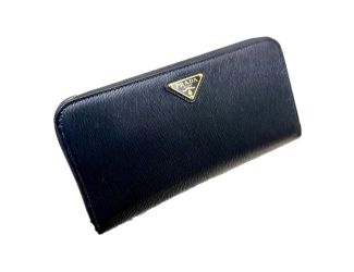 Prada Vitello Move Nero Black Leather Zip Around Long Wallet Gold Triangle Logo