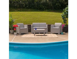 4 Piece Outdoor Faux Rattan Chair, Loveseat and Table Set in Light Gray