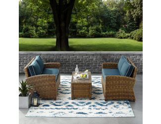 Bradenton 3 Piece Outdoor Loveseat Wicker Seating Set With Navy Cushions