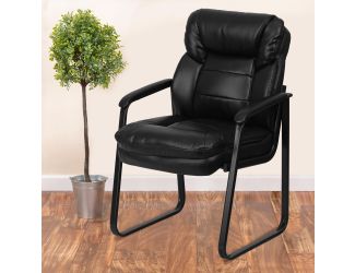 Black LeatherSoft Executive Side Reception Chair w/Lumbar Support &Sled Base