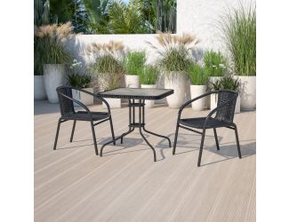 28" SQ Glass Metal Table with Black Rattan Edging & 2 Black Rattan Stack Chairs