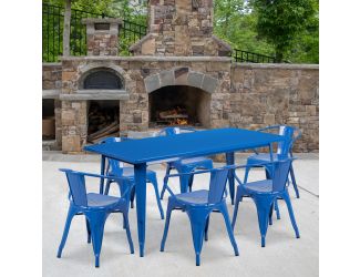 31.5" x 63" Rectangular Blue Metal Indoor-Outdoor Table Set with 6 Arm Chairs