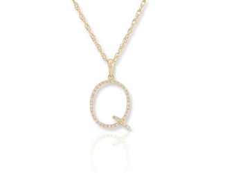 PARIKHS Initial Pendant Alphabet 'Q' in CZ with chain in 925 Sterling Silver with Yellow Plating