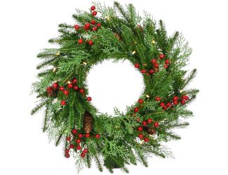 24-in Wreath with Pinecones, Red Berries, and Warm White LED Lights