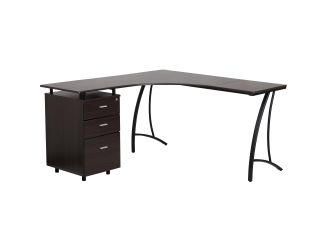 Walnut Laminate L-Shape Desk with Three Drawer Pedestal and Locking Drawers