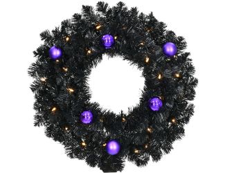 24-In. Spooky Black Tinsel Wreath with Purple Ornaments and Warm White LED Lights, Battery Operated