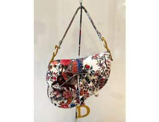 Dior Rare Floral and Bird Print Leather Saddle Bag Gold Detailing