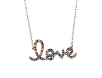 PARIKHS Rhodium Plated "Love" Word Necklace with Rainbow CZ in 925 Sterling Silver
