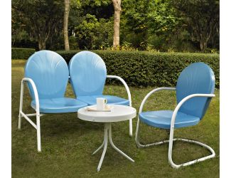 3Pc Outdoor Seating Set-Blue Loveseat,Chair,White Side Table