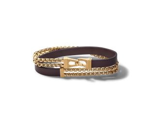 Double Wrap Bracelet: Goldtone Chain and Brown Leather - Large