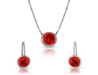 PARIKHS Rhodium Plated CZ and Ruby Round July Birthstone Set in 925 Sterling Silver