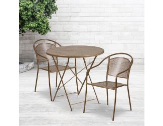 30" Round Gold Indoor-Outdoor Steel Folding Patio Table Set with 2 Chairs