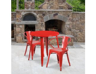 30" Round Red Metal Indoor-Outdoor Table Set with 2 Arm Chairs