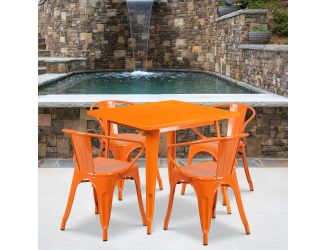 31.5" Square Orange Metal Indoor-Outdoor Table Set with 4 Arm Chairs