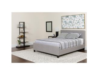 Twin Size Button Tufted Upholstered Platform Bed in Lt Gray Fabric with Mattress