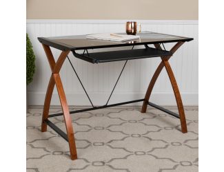 Black Glass Computer Desk with Pull-Out Keyboard Tray and Crisscross Frame