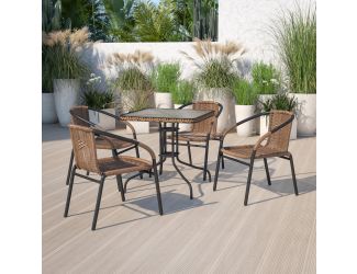 28" Square Tempered Glass Metal Table with Dark Brown Rattan Edging
