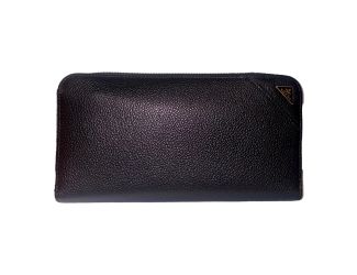 Prada Vitello Micro Grain Long Black Zip Around Continental Wallet Triangle Logo