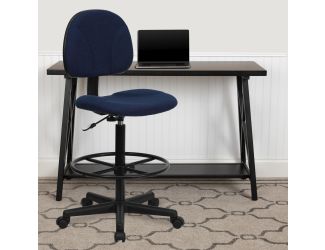 Navy Blue Patterned Fabric Drafting Chair with Adjustable Height and Foot Ring