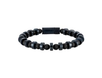 Marine Star, Navy Steel Discs/Black Onyx Beaded Bracelet, 8"