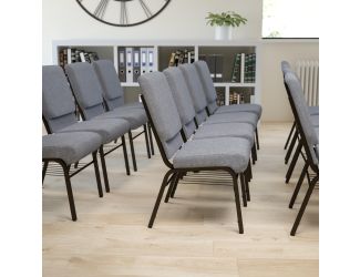 18.5"W Church Chair in Gray Fabric with Book Rack - Gold Vein Frame