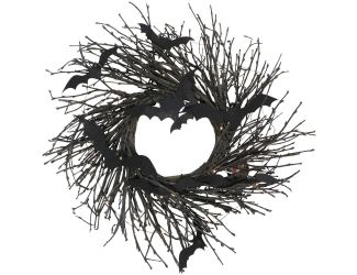15-In. Black Twig Battery-Operated Wreath with LED Lights and Flying Bats for Halloween Door or Wall