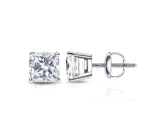 Bright White Pinnacle Cushion Lab Grown Diamond Screwback Stud in 14K White Gold 1.90ct, GH, VVS