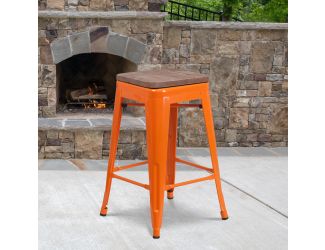 24" High Backless Orange Metal Counter Height Stool with Square Wood Seat