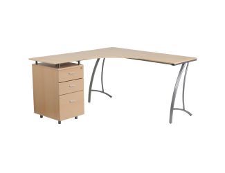 Beech Laminate L-Shape Desk with Three Drawer Pedestal and Locking Drawers