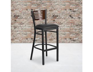 Black Slat Back Metal Restaurant Barstool - Walnut Wood Back, Black Vinyl Seat