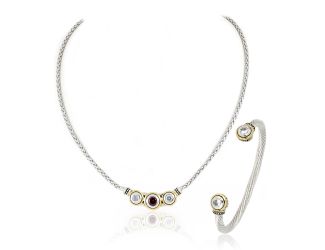 Beijios 3 Stone Necklace & Two Stone Large Cuff Bracelet Set, Black CZ - N5028-ANF3 & B5030-AF00