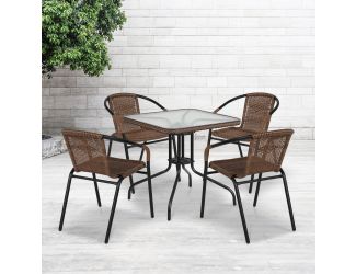 28" SQ Glass Metal Table with Dk Brown Rattan Edging & 4 Dk Brown Rattan Chairs