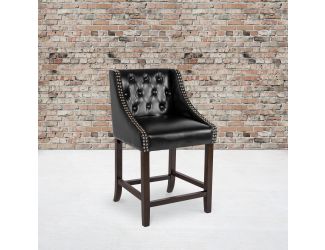 24" High Walnut Counter Height Stool with Accent Nail Trim in Black LeatherSoft