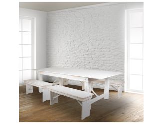 5 Piece Set-8' x 40" Antique Rustic White Folding Farm Table and Four Bench Set