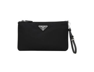 Prada Tessuto Nylon Black Triangle Logo Wristlet Clutch Pouch Bag
